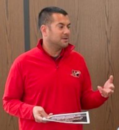 Wellinton High School Principal Jermaine Cantu explains to the Collingsworth County Retired School Personnel the goal of Wellington Independent School District for the students, and the various paths that students can take to reach that goal.