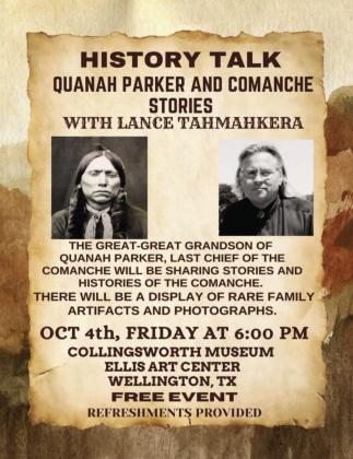 Lance Tahmahkera, great-great-grandson of Quanah Parker, will serve as guest speaker at Collingsworth County Museum at 6 p.m. Friday, Oct. 4 during Wellington’s Living History twoday event. Hosted by Sons of Confederate Veterans (SCV) Charles Goodnight Frontier Reg. Camp 2280, Tahmahkera will join the presenters at the Powell Park events. Image Courtesy of Collingsworth County Museum