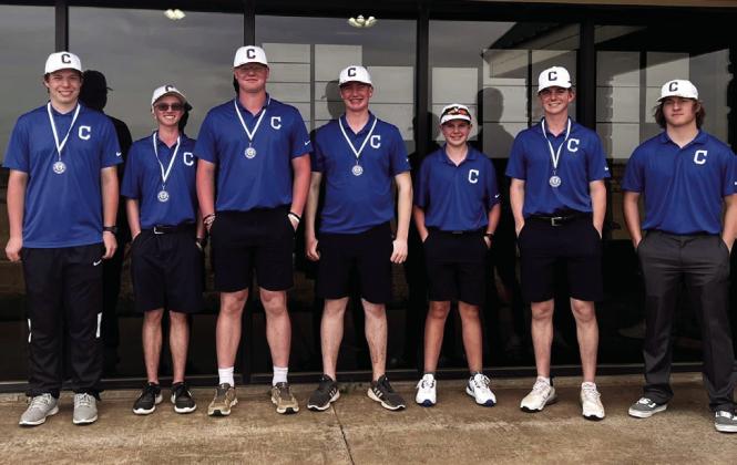 The Childress Bobcat golf team recently finished third at the Childress Invitational, adding to their two secondplace team finishes this season. From left: Cole Pierce, Tyler McGee, Ethan Ferguson, Cutter Bruce, Ethan Herbstritt, Custer Keys, Reid Felton. Not pictured is Nick McMinn.
