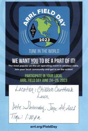 Sponsored by the Prairie Dog Amateur Radio Club of Childress, area ham radio operators will “Tune in the World” at a local Ham Radio Field Day, scheduled for 1 p.m. Saturday, June 24, during annual 2023 American Radio Relay League (ARRL) Field Day exercises. Courtesy Graphic