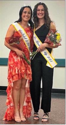 Wellington Lions Sweetheart Summer Owens, left, accepts the honor of 2023-2024 District 2-T1 Queen during the contest Sunday, April 2 in Amarillo. Judges chose Memphis Lions Sweetheart Maggie Cook as runner-up. Courtesy Photo
