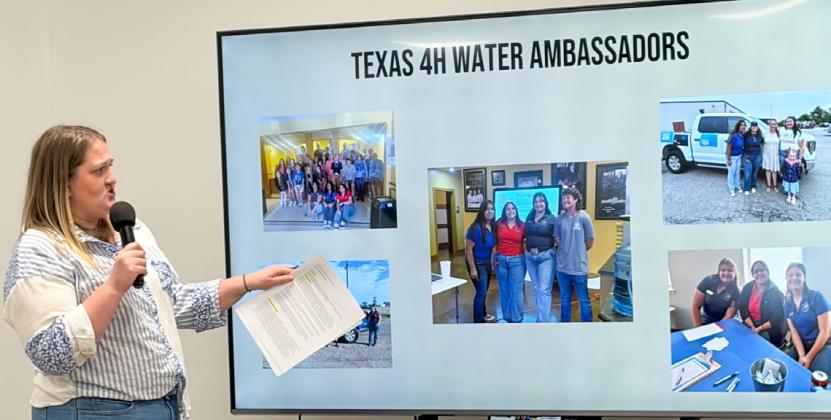Mesquite Groundwater Conservation District General Manager Whitney Wiebe emphasizes the roles of the five Texas 4H Water Ambassadors, sponsored by MGCD, including Jordyn Altman, Anna Granadoz, Jacy Lampe, Yolanda Scovedo and Westin Wiebe. Through tiered water programs, the youth develop leadership skills and gain hands on experience with Texas’ unique water challenges.