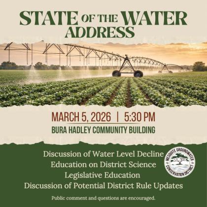 While the Mesquite Groundwater Conservation District encompasses Collingsworth and Hall Counties and parts of Briscoe and Childress Counties, everyone is invited to attend the State of the Water Address planned for 5:30 p.m. Thursday, March 5 at the Bura Handley Community Building, 802 10th St., Wellington. Courtesy Graphic