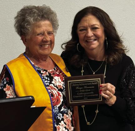 Fraya Hammons, left, accepts the Lifetime Achievement Award from Collingsworth County Chamber of Commerce Volunteer Margret Wood.