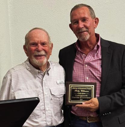 Billy Wilkerson, left, receives the Lifetime Achievement Award presented by Collingsworth County Chamber of Commerce Volunteer Jeff Thomas.