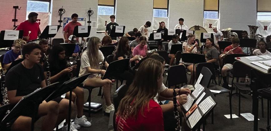 The 2024-2025 Rocket Regiment kicked off summer band camp at 5 p.m. Thursday, Aug. 1. Director Justin Mixon begins his 18th year as director with assistant Harley Warrick in her third year. Seniors Mallory O’Rear and Jaci Porter serve as drum majors. Monday night practice began Aug. 4. Coming in September, the 2024 marching show is called “The Vampire Hunter” by Luke McMillan. Photos Courtesy of Natasha Mixon
