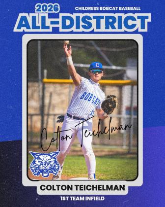 The Childress Bobcats take District 1-3A All-District selections, including first team selections Creedan Bell, outfield, Brody Hightower, catcher, Crewz Keys, pitcher, and Colton Teichelman, infield; second team selections Koen Galligan, infield, Kade Maldonado, outfield, and Luke Rodriguez, pitcher; and Honorable Mentions Mason Overmiller, infield, and Keagan Sides, outfield. CHILDRESS BOBCAT BOOSTERS