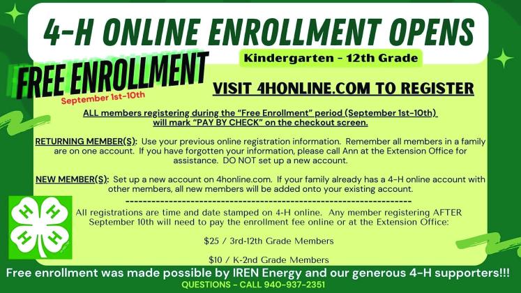 Childress County 4-H offering free enrollment through Sept. 10, thanks to IREN