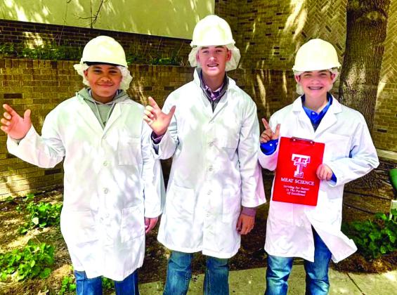 The Intermediate Childress County 4-H Meat Judging team places fifth at the 2025 Rolling Plains District 3 4-H Meat Judging Contest Thursday, April 17 at Texas Tech University’s Gordon W. Davis Meats Laboratory in Lubbock. Individually, Bryson Session placed 11th, followed by Quay Bruce in 18th, Esme Estrada in 20th and Slade Chapman in 22nd. From left: Session, Slade Chapman, Quay Bruce. Not pictured is Estrada.