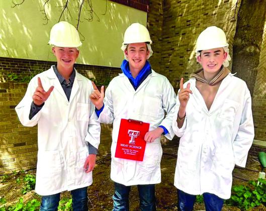 The Senior Childress County 4-H Meat Judging team places fourth at the 2025 Rolling Plains District 3 4-H Meat Judging Contest Thursday, April 17 at Texas Tech University’s Gordon W. Davis Meats Laboratory in Lubbock. Individually, Tripp Tippett placed eighth, followed by Sterling Bruce in 10th and Cutter Bruce in 17th. From left: S. Bruce, C. Bruce, Tippett.