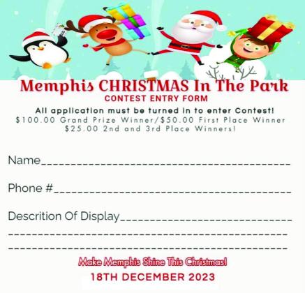 Memphis Chamber of Commerce Christmas in the Park contest applications are available at the Memphis Chamber of Commerce office, 515 W. Main St. Applications can also be picked up the day of the competition, Monday, Dec. 18, in Memphis City Park. Graphic Courtesy of Memphis Chamber of Commerce