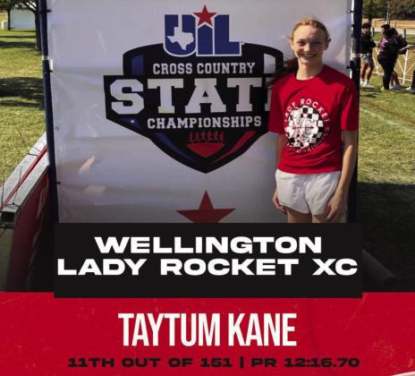 Wellington’s Taytum Kane recently competed in the 2A UIL State Cross Country Championships, finishing 11th out of 151 competitors with a personal record time of 12:16.70 Friday, Nov. 1 at Old Settlers Park in Round Rock. Her first time to compete on the state level, Kane, a freshman, missed the medal stand by one place. Courtesy Photo