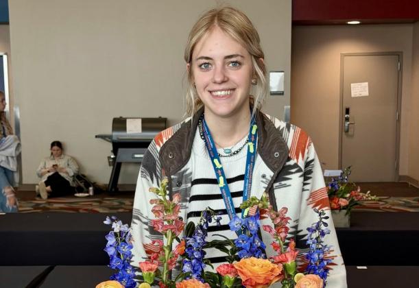 Childress’ Keely Mock competes in the Rodeo Cup at the Houston Livestock Show and Rodeo Horticulture Competition, undergoing two rounds of timed, on-site design to create a piece using snapdragons, roses, delphiniums, craspedias and more. “Think of the TV show ‘Chopped’ but flowers,” Childress High School agriculture teacher Saydee Jo Finch said. “She created a beautiful arrangement.