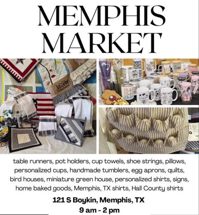 The Corner 7, 121 S. Boykin, will host the firstever Memphis Market from 9 a.m.-2 p.m. Saturday, April 26, welcoming items from local vendors, including table runners, pot holders, cup towels, pillows, personalized cups and tumblers, egg aprons, quilts, bird houses, clothing, decorative signs, home-baked goods and more. The Corner 7