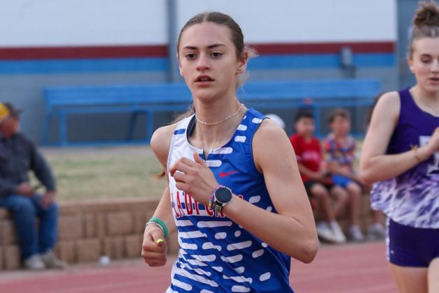 Childress’ Selah Smith surpasses Talkington’s Mabel Roller at the Bobcat Relays, where she earned golds in the 800-, 1,600- and 3,200-meter races Thursday, March 5 in Childress. Childress High School Yearbook