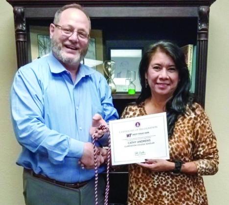 Cathy Andrews, of Wellington, receives commendation from West Texas A&amp;amp;M University as one of five Clarendon College (CC) students designated as Community CollegeScholars.CCPresidentTexBuckhaults bestows Andrews with the honor. Photo Courtesy of Clarendon College