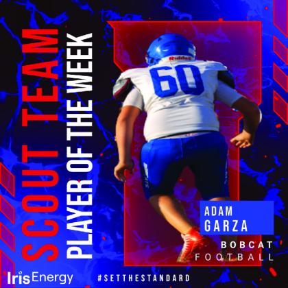 Bobcat junior offensive lineman Juan Gonzalez is the Iris Energy Offensive Player of the Week for Week 4. Against the Holliday Eagles, Gonzalez racked up seven assists. Courtesy Graphics