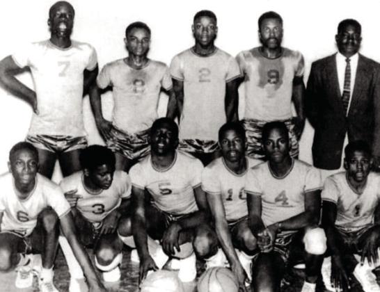 The 1958 Panther basketball team from Booker T. Washington High School in Wellington made history when they won every game of the season, sweeping the district before a 51-50 state championship loss. Front row, from left: Bobbie Beaisley, Alvin Roland, Charles Taylor, Charles McIntosh, James Meadows, James Price. Back row, from left: R.I. Ingram, Billie Mack Gardner, Percy Price, Robert Wayne Powell, Coach Lorenzo Person. Courtesy of Collingsworth County History Volume II