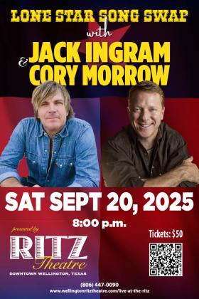 Country music favorites Jack Ingram and Cory Morrow will take the stage of the historic Wellington Ritz Theatre at 8 p.m. Saturday, Sept. 20 for an unforgettable night of songs, stories and Texas music magic. The $50 tickets can be purchased via the website, wellingtonritztheatre.com; at the box office, 902 East Ave.; or by leaving a message at 806-447-0090. Wellington Ritz Theatre