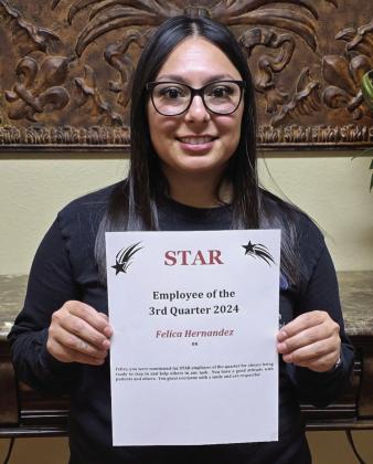 Felica Hernandez, Registered Nurse (RN), accepts the STAR (Service, Teamwork, Attitude and Results) distinction for the third quarter of 2024 for her extraordinary efforts as a member of the nursing staff at Collingsworth General Hospital. Photo Courtesy of Collingsworth General Hospital