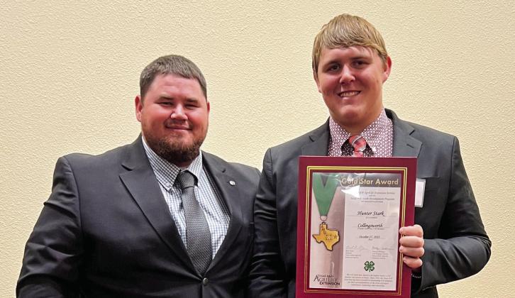 Collingsworth County 4-Her Hunter Stark receives a Gold Star Award at the District 1 Gold Star Banquet Monday, Oct. 17 at the West Texas A&amp;amp;M University Alumni Banquet Hall in Canyon. To be awarded a Gold Star, members must complete a record book of their 4-H projects. The highest honor awarded to Texas 4-H youth, Collingsworth County Agent Kenny Patterson congratulates Stark. Additionally, Molly Sims accepted Collingsworth County’s Distinguished Leader award at the Gold Star event. Courtesy Photo
