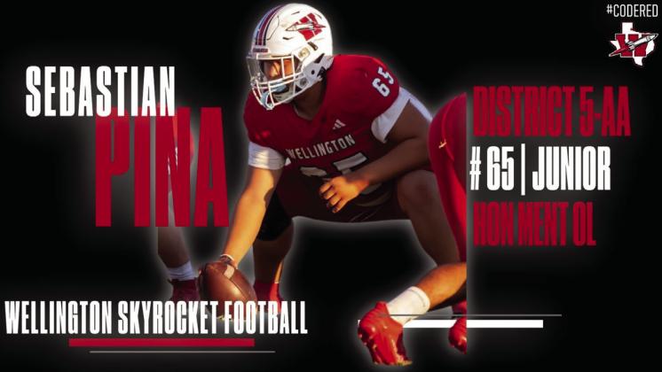 Sebastian Pina, Honorable Mention Offensive Lineman Eighteen Wellington Skyrocket players, including Newcomer of the Year Kamron Brooks, a junior, Team Most Valuable Player Joey Orozco, a senior, and Offensive Most Valuable Player Callen Kane, a junior, were recently named to the District 5-2A All-District Football team selections. Wellington High School