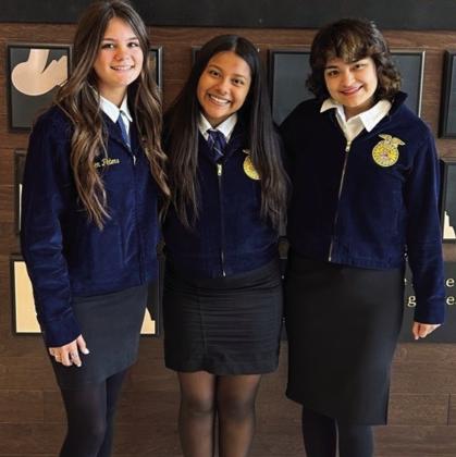 Three students represent Wellington FFA at the recent Area 1 Speaking Contest held on the West Texas A&amp;amp;M University campus in Canyon. Heather Peters, left, entered the Senior Speaking Development Event (SDE) in Plant Science, Jasmin Moreno entered the Senior SDE in Agriculture Business and Damiana Peters competed in Junior Prepared Speaking.