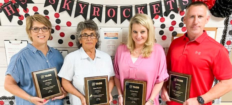 Amongst its busy end-of-year activities, Wellington Independenct School District (ISD) recognized the 2025-2026 retirees as follows: Donnie Carter, left, paraprofessional, 14 years; Irma Thomas, custodian, 12 years; Czrena Watts, special education teacher, 26 years with Wellington ISD, 29 years total; Jody Guy, transportation director, three years with Wellingotn ISD, 29 years total.