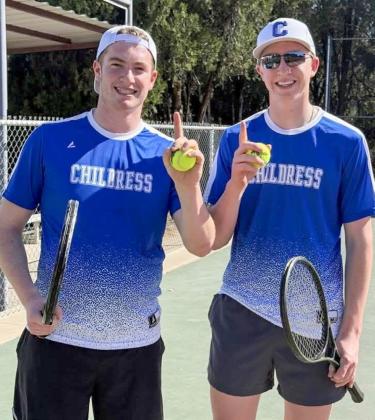Childress’ Cutter and Sterling Bruce are the boys’ doubles’ champions at the recent Vernon Tennis Tournament Thursday, Feb. 26 at the Hillcrest Community Center. Childress Bobcat Boosters