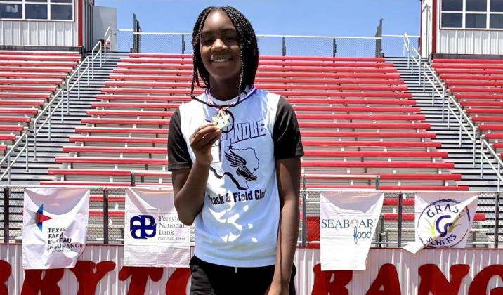Texas Panhandle Track and Field Club’s Aija Johnson brings home four gold medals during the Perryton Prime Time Track and Field meet Saturday, June 7 at Ranger Stadium in Perryton, winning the 100 meters, 200 meters, 80-meter hurdles and long jump. Texas Panhandle Track and Field Club