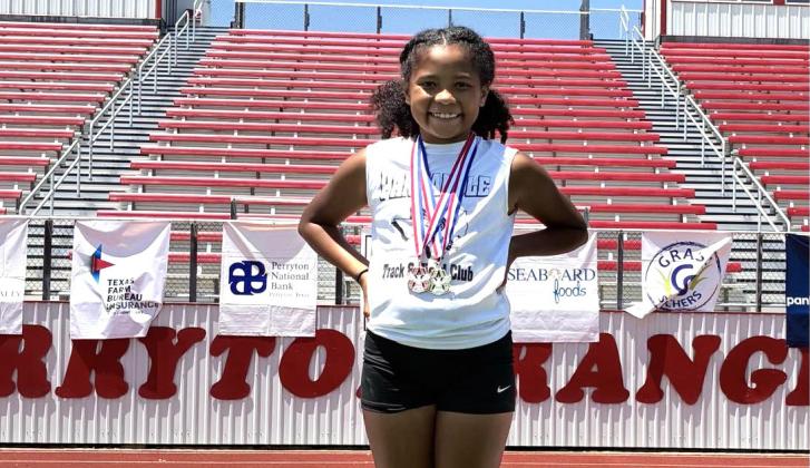Texas Panhandle Track and Field Club’s Kambri Casas earns first place in shot put, as well as third place in long jump during the Perryton Prime Time Track and Field meet Saturday, June 7 at Ranger Stadium in Perryton.