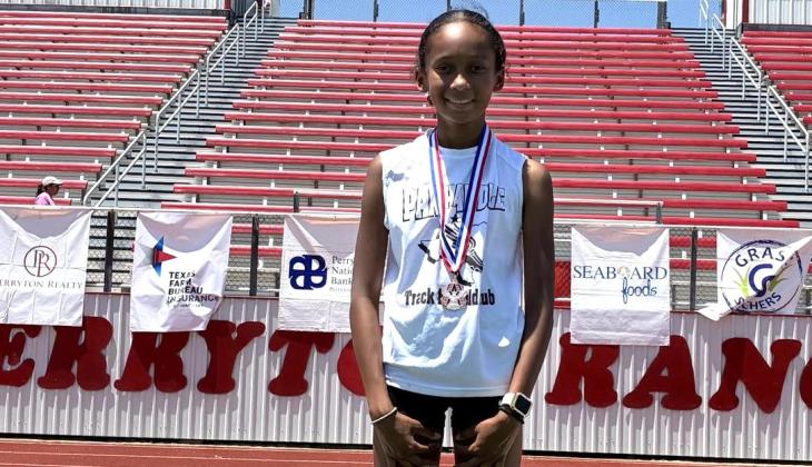 Texas Panhandle Track and Field Club’s Jaedah Casas snags gold in high jump, as well as silver in the 400 meters, 80-meter hurdles and long jump and bronze in the 200 meters, during the Perryton Prime Time Track and Field meet Saturday, June 7 at Ranger Stadium in Perryton.