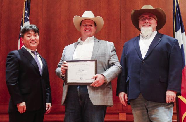 City Administrator of Memphis Jack Owens is awarded the designation of Certified Public Manager (CPM) through the Texas Tech University Department of Political Science, CPM Cohort, at a statewide commencement ceremony Friday, Dec. 5 at the Texas State Capitol in Austin. From left: Dr. Sung-Wook Kwon, Professor and Director of Center for Public Service, Department of Political Science at Texas Tech University; Owens; James Earp, event keynote speaker and City Manager of Hutto. Courtesy Photo