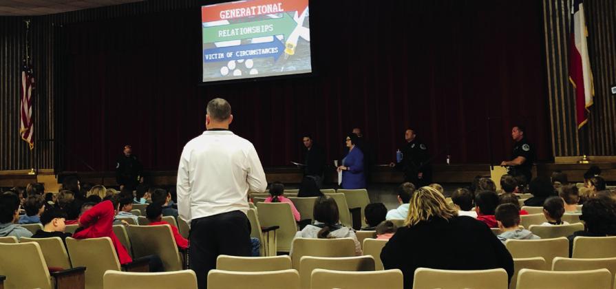 For its 2023 drug awareness campaign, Wellington Independent School District (ISD) recruited 100th Judicial District Attorney Luke Inman and 100th Judicial District staff to make a presentation to fifth-eighth graders Monday morning, Oct. 30 in the auditorium. The Red River Sun/Bev Odom