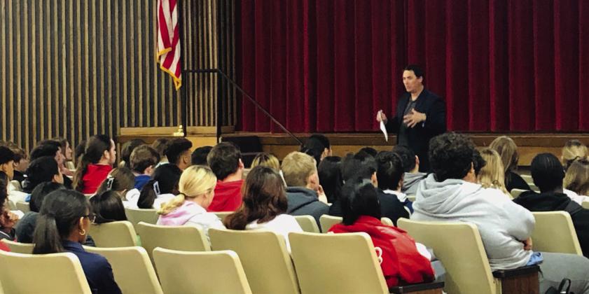 As prosecutors of felony cases, 100th Judicial District Attorney Luke Inman, along with Assistant District Attorney Harley Caudle, explain the severe consequences of using illegal substances to Wellington High School students. Seventeen-year-olds can be sent to the penitentiary from two-99 years.
