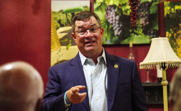 Rep. Ken King addresses a crowd of roughly 23 individuals Wednesday, Aug. 31 at The 501 Winery during a series of District 88 town hall visits, which spanned Childress, Memphis, Wellington and Wheeler. The Red River Sun/Kaeley Rothwell
