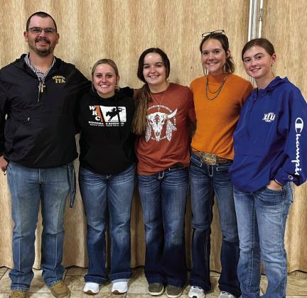 The Memphis Future Farmers of America (FFA) Public Relations Team, including Anslie Montgomery, Kali Murphy, Chloie O’Neal and Emma Talley, along with Memphis FFA Sponsor Christian Brooks, present their program Wednesday, Oct. 11 at the Memphis Lions Club luncheon. The team will compete in the District FFA Contest Monday, Nov. 6 in Memphis. From left: Brooks, O’Neal, Murphy, Talley and Montgomery. Courtesy Photo