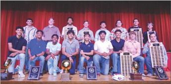 Wellington Skyrockets receive special recognition at the 2023 Athletic Banquet. Front row, from left: Brenden Garcia, DeMarcus Lewis, Travon Lewis, Anthony Oritz, TJ Salinas, Fabian Pina, Bryant Tarver, Carson Tarver, Eric Garcia. Back row, from left: Enrique Jaimes, Corni Klassen, Jordan Nation, Barret Phillips, Rey Ramirez, Blake Strickland, Juan Vazquez, Caleb Weinette. Not pictured: Gumaro Rincon.
