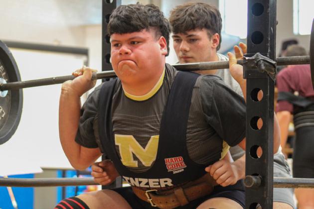 Memphis’ Adrian Macias competes at the Childress Boys Powerlifting Meet Thursday, Feb. 1, grabbing a secondplace finish in weight class 308.