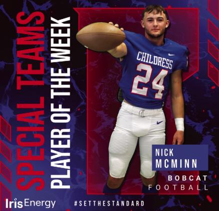 Bobcat defensive back Nick McMinn is the Iris Energy Special Teams Player of the Week. McMinn averaged 11 yards on four returns against Canadian.