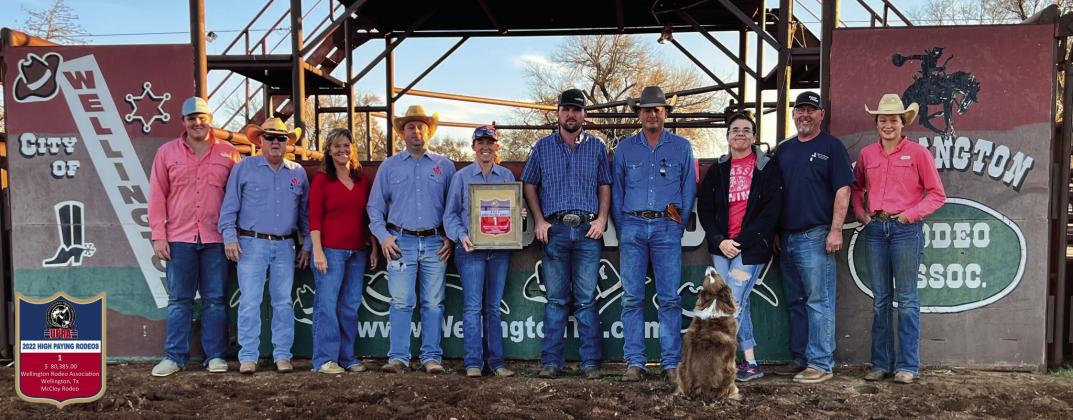United Professional Rodeo Association (UPRA) named Wellington Rodeo Association its 2022 High Paying Rodeo with stock by McCloy Rodeo Company. Directors of the winning organization gather to accept the award at the Wellington Rodeo Area. From left: Hunter Stark, Danny Gray, Veronica Gray, Matt Orr, Vice President/Treasurer Marcie Orr, President Jace Martin, Todd Thomas, Dee Martin, Brent Martin, Ellie Thomas. Not pictured: Gary Brewer, Linda Brewer, Johnny Mote, Jessica Thomas, Mike Williams. Courtesy Photo
