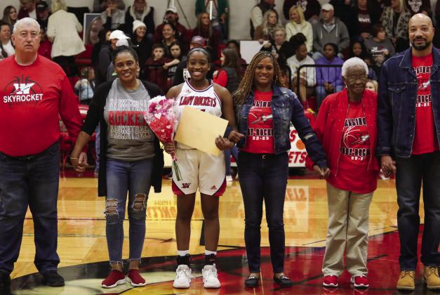 Lady Rocket Asia Shrubs is the daughter of Isha and Chauncy Carter and the granddaughter of Kirk and Cynthia Patterson and Bobbie Shrubs. She has played varsity basketball for the Lady Rockets for three years.