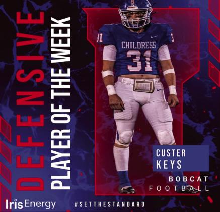 Childress senior defensive back Custer Keys is the Iris Energy Offensive Player of the Week. During Week 9, Keys put up three tackles, six assists, one sack and one tackle for loss, as well as an interception.