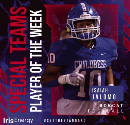 Childress junior defensive back Isaiah Jalomo is the Iris Energy Special Teams Player of the Week. Against the Lynx, Jalomo snatched one fumble.