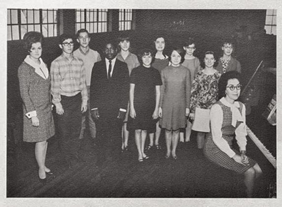The 1968 Dodson Mustangs yearbook features the Dodson Chorus. Front row, from left: Randy Motsenbocker, Phil Drew, Donna Tabor, Velma Whitson, Sheila Lewis. Back row, from left, Oran Sain, Nancy Gulley, Cindy Hightower, Sandra Sexton, Linda Lemons. Director, Mrs. Ben Meadows, and pianist, Mrs. Barbara Roberson. Image Courtesy of Collingsworth Public Library Digital Archives
