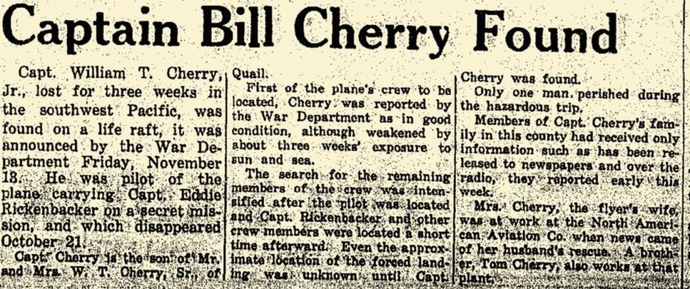 Appearing in the Nov. 19, 1942, edition of the Wellington Leader, Floyd Killough notes a couple of errors. He wasn’t a Jr., and his father wasn’t a Sr. William Thomas Cherry was William Terrell Cherry’s father. Courtesy Image of Wellington Leader Archives