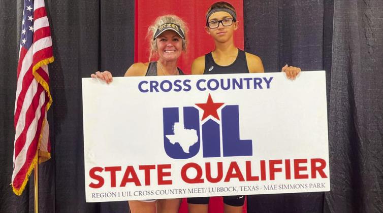Ryder Robison, pictured with Coach Michelle Branigan, finishes fifth with a time of 17:27.9 at the UIL 2A Region I Cross Country Championship Monday, Oct. 24 at Mae Simmons Park in Lubbock. Photo Courtesy of Memphis ISD