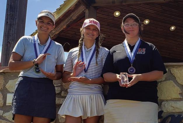 High-school girls accept end-of-year awards. From left: Jena Pinckard, first, Clarendon; Jolie Pinckard, second, Clarendon; and Kiera McGill, third, Altus.