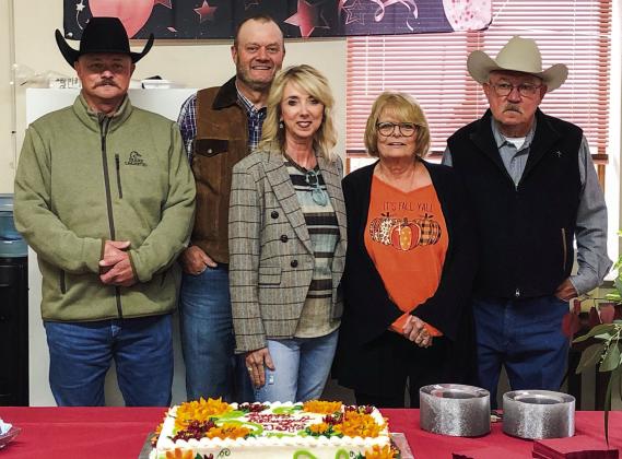 During a reception in her honor, Jo Rita Henard’s family assembles to celebrate her retirement from 16 years of service as Collingsworth County’s Justice of the Peace. From left, Tal Henard; Branden and Sandy Henard Proffitt, of Amarillo; Henard; Jim Henard. Not pictured: Jennifer Hiett Henard. Photo Courtesy of Gina Harris