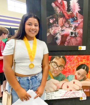 From almost 30,000 art entries statewide, Wellington High School senior Jasmin Moreno placed in the top 7% at the state Visual Arts Scholastic Event (VASE) on Saturday, April 25 in San Marcos, earning a prestigious Gold Seal — one of the highest honors in Texas art. WELLINGTON HIGH SCHOOL